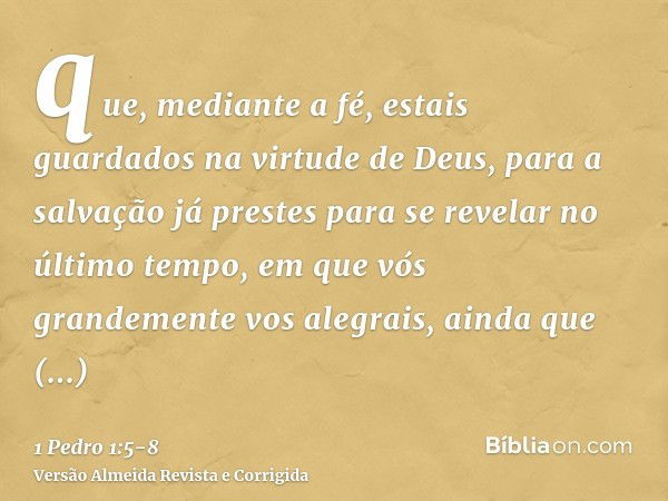 que, mediante a fé, estais guardados na virtude de Deus, para a salvação já prestes para se revelar no último tempo,em que vós grandemente vos alegrais, ainda q