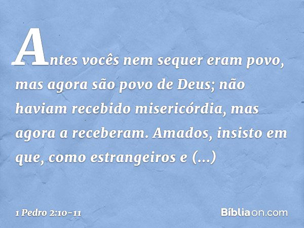 Antes vocês nem sequer eram povo, mas agora são povo de Deus; não haviam recebido misericórdia, mas agora a receberam. Amados, insisto em que, como estrangeiros