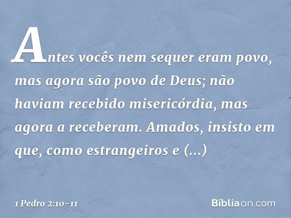 Antes vocês nem sequer eram povo, mas agora são povo de Deus; não haviam recebido misericórdia, mas agora a receberam. Amados, insisto em que, como estrangeiros