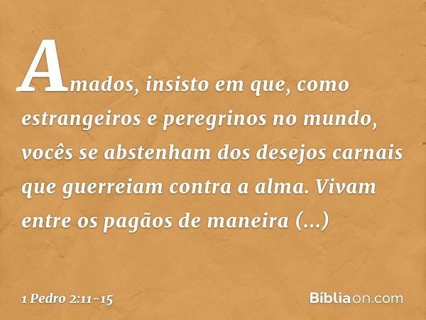 Amados, insisto em que, como estrangeiros e peregrinos no mundo, vocês se abstenham dos desejos carnais que guerreiam contra a alma. Vivam entre os pagãos de ma