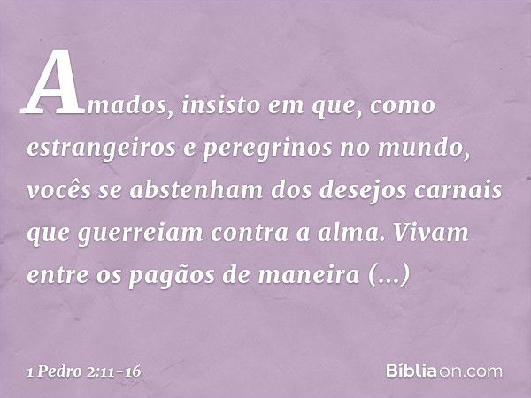 Amados, insisto em que, como estrangeiros e peregrinos no mundo, vocês se abstenham dos desejos carnais que guerreiam contra a alma. Vivam entre os pagãos de ma