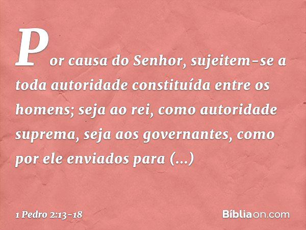 Por causa do Senhor, sujeitem-se a toda autoridade constituída entre os homens; seja ao rei, como autoridade suprema, seja aos governantes, como por ele enviado