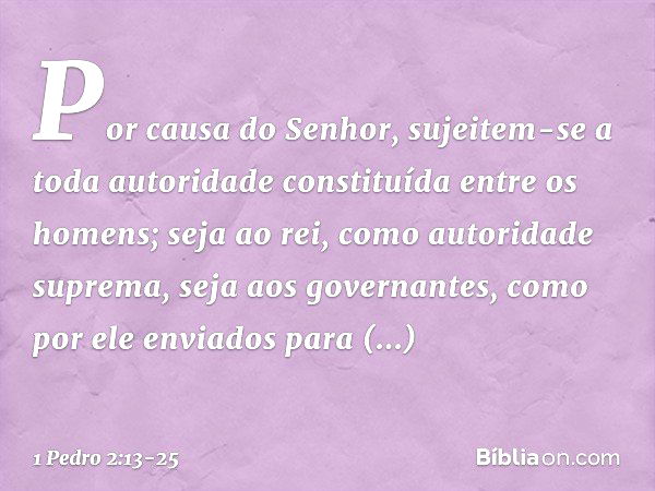 Por causa do Senhor, sujeitem-se a toda autoridade constituída entre os homens; seja ao rei, como autoridade suprema, seja aos governantes, como por ele enviado