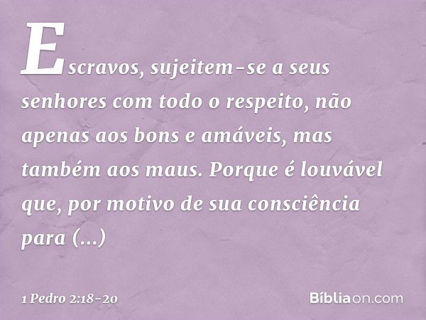 Escravos, sujeitem-se a seus senhores com todo o respeito, não apenas aos bons e amáveis, mas também aos maus. Porque é louvável que, por motivo de sua consciên