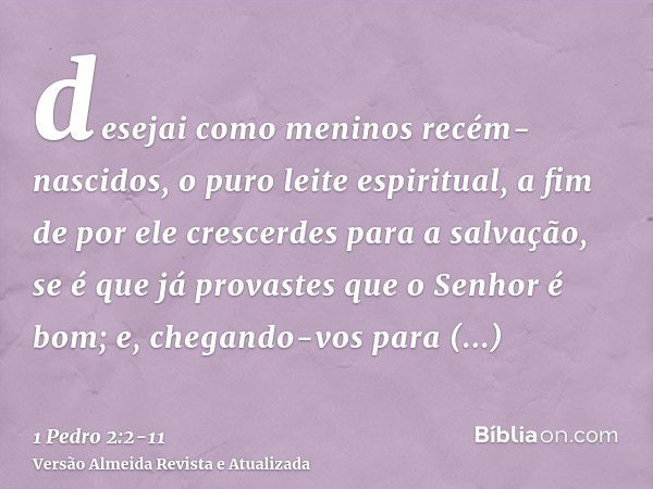 desejai como meninos recém-nascidos, o puro leite espiritual, a fim de por ele crescerdes para a salvação,se é que já provastes que o Senhor é bom;e, chegando-v