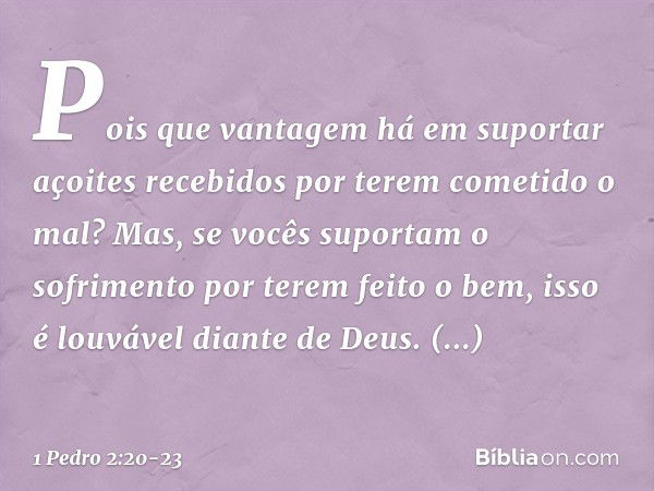 Pois que vantagem há em suportar açoites recebidos por terem cometido o mal? Mas, se vocês suportam o sofrimento por terem feito o bem, isso é louvável diante d