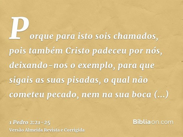 Porque para isto sois chamados, pois também Cristo padeceu por nós, deixando-nos o exemplo, para que sigais as suas pisadas,o qual não cometeu pecado, nem na su