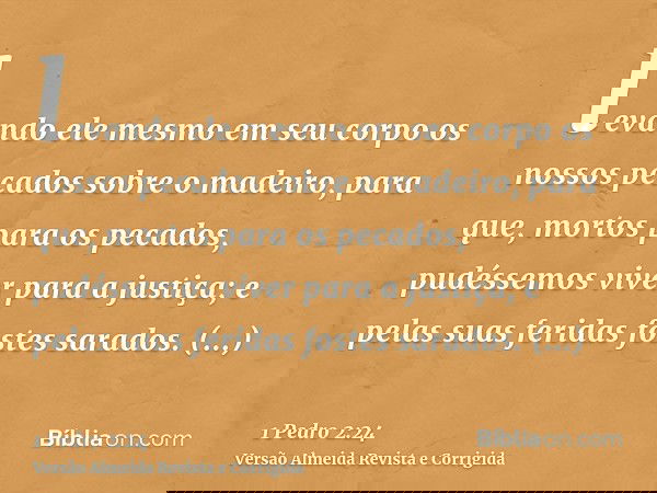 levando ele mesmo em seu corpo os nossos pecados sobre o madeiro, para que, mortos para os pecados, pudéssemos viver para a justiça; e pelas suas feridas fostes