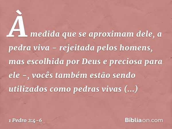 À medida que se aproximam dele, a pedra viva - rejeitada pelos homens, mas escolhida por Deus e preciosa para ele -, vocês também estão sendo utilizados como pe