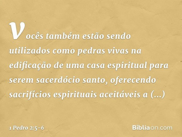 vocês também estão sendo utilizados como pedras vivas na edificação de uma casa espiritual para serem sacerdócio santo, oferecendo sacrifícios espirituais aceit