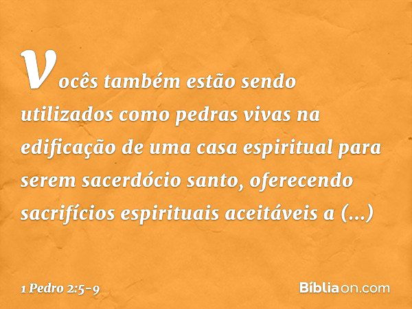 vocês também estão sendo utilizados como pedras vivas na edificação de uma casa espiritual para serem sacerdócio santo, oferecendo sacrifícios espirituais aceit