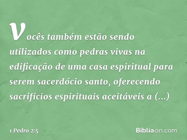 vocês também estão sendo utilizados como pedras vivas na edificação de uma casa espiritual para serem sacerdócio santo, oferecendo sacrifícios espirituais aceit