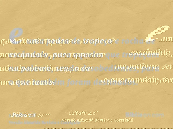 e uma pedra de tropeço e rocha de escândalo, para aqueles que tropeçam na palavra, sendo desobedientes; para o que também foram destinados.