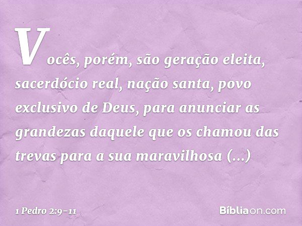 Vocês, porém, são geração eleita, sacerdócio real, nação santa, povo exclusivo de Deus, para anunciar as grandezas daquele que os chamou das trevas para a sua m