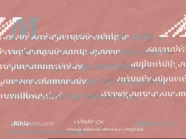 Mas vós sois a geração eleita, o sacerdócio real, a nação santa, o povo adquirido, para que anuncieis as virtudes daquele que vos chamou das trevas para a sua m