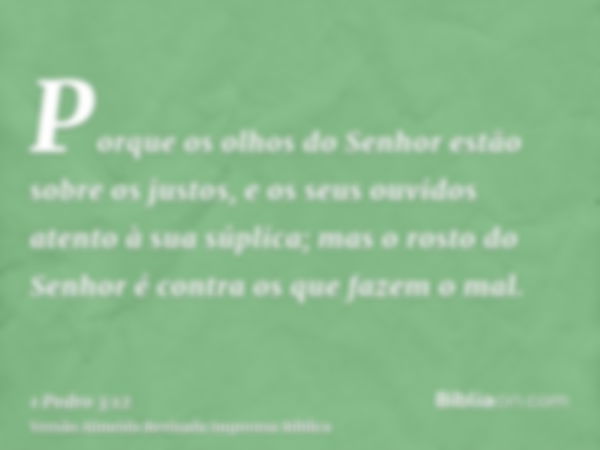 Porque os olhos do Senhor estão sobre os justos, e os seus ouvidos atento à sua súplica; mas o rosto do Senhor é contra os que fazem o mal.