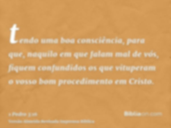 tendo uma boa consciência, para que, naquilo em que falam mal de vós, fiquem confundidos os que vituperam o vosso bom procedimento em Cristo.