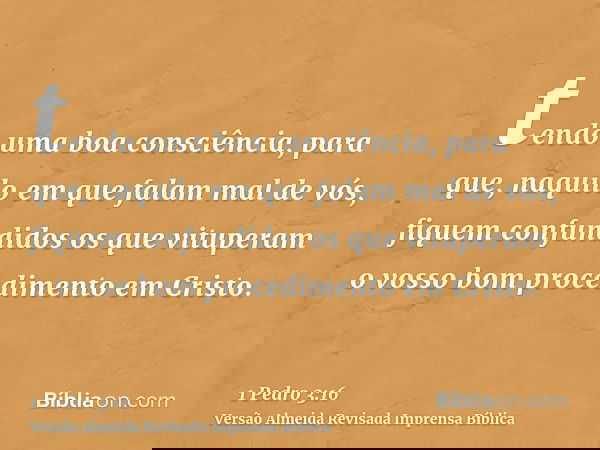 tendo uma boa consciência, para que, naquilo em que falam mal de vós, fiquem confundidos os que vituperam o vosso bom procedimento em Cristo.