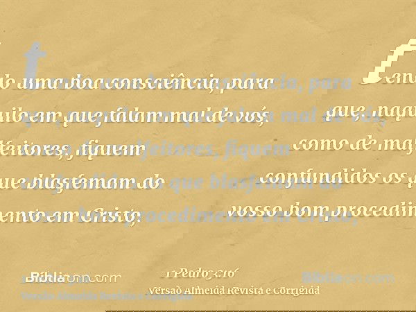 tendo uma boa consciência, para que, naquilo em que falam mal de vós, como de malfeitores, fiquem confundidos os que blasfemam do vosso bom procedimento em Cris