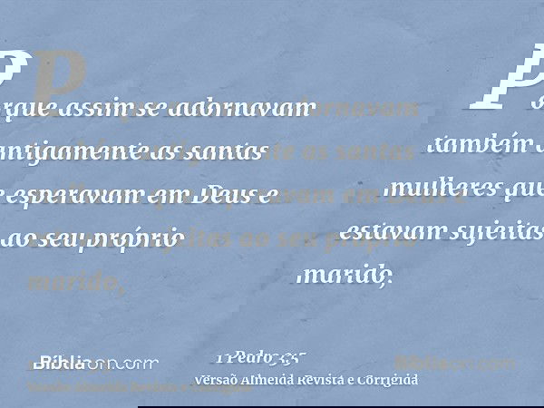 Porque assim se adornavam também antigamente as santas mulheres que esperavam em Deus e estavam sujeitas ao seu próprio marido,