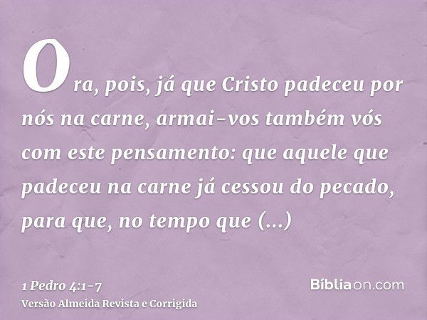 Ora, pois, já que Cristo padeceu por nós na carne, armai-vos também vós com este pensamento: que aquele que padeceu na carne já cessou do pecado,para que, no te