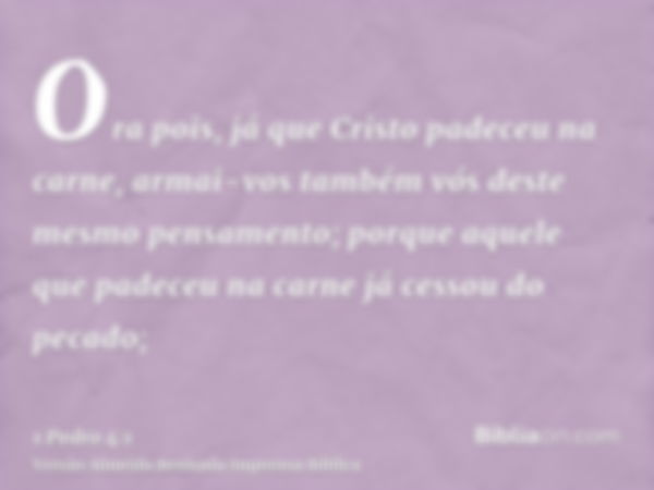 Ora pois, já que Cristo padeceu na carne, armai-vos também vós deste mesmo pensamento; porque aquele que padeceu na carne já cessou do pecado;