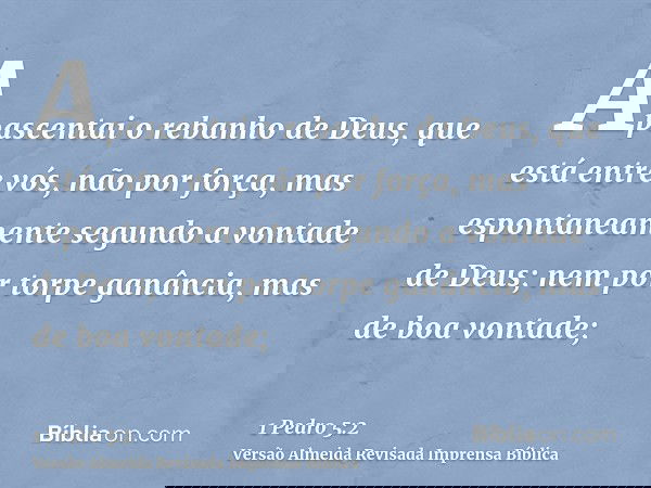 Apascentai o rebanho de Deus, que está entre vós, não por força, mas espontaneamente segundo a vontade de Deus; nem por torpe ganância, mas de boa vontade;