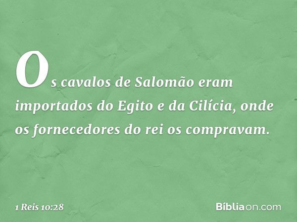 Os cavalos de Salomão eram importados do Egito e da Cilícia, onde os fornecedores do rei os compravam. -- 1 Reis 10:28