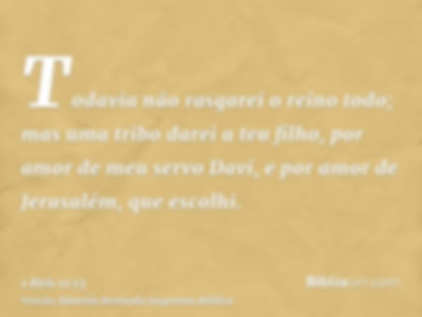 Todavia não rasgarei o reino todo; mas uma tribo darei a teu filho, por amor de meu servo Davi, e por amor de Jerusalém, que escolhi.