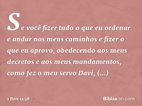 Se você fizer tudo o que eu ordenar e andar nos meus caminhos e fizer o que eu aprovo, obedecendo aos meus decretos e aos meus mandamentos, como fez o meu servo