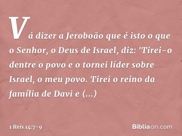 Vá dizer a Jeroboão que é isto o que o Senhor, o Deus de Israel, diz: 'Tirei-o dentre o povo e o tornei líder sobre Israel, o meu povo. Tirei o reino da família