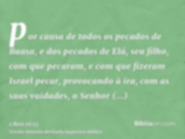 por causa de todos os pecados de Baasa, e dos pecados de Elá, seu filho, com que pecaram, e com que fizeram Israel pecar, provocando à ira, com as suas vaidades