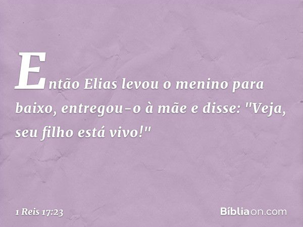 Então Elias levou o menino para baixo, entregou-o à mãe e disse: "Veja, seu filho está vivo!" -- 1 Reis 17:23