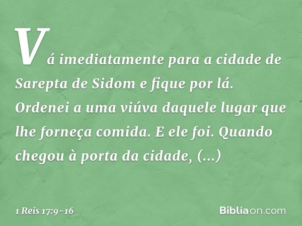 "Vá imediatamente para a cidade de Sarepta de Sidom e fique por lá. Ordenei a uma viúva daquele lugar que lhe forneça comida". E ele foi. Quando chegou à porta 