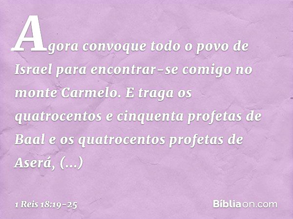 Agora convoque todo o povo de Israel para encontrar-se comigo no monte Carmelo. E traga os quatrocentos e cinquenta profetas de Baal e os quatrocentos profetas 