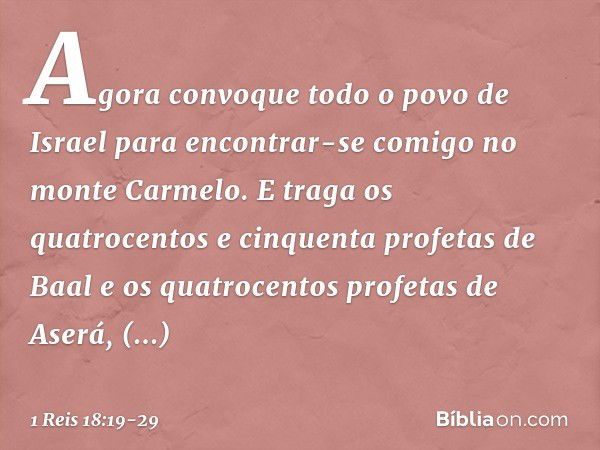 Agora convoque todo o povo de Israel para encontrar-se comigo no monte Carmelo. E traga os quatrocentos e cinquenta profetas de Baal e os quatrocentos profetas 