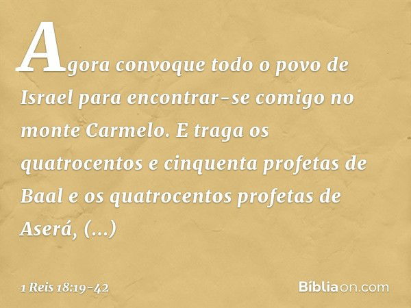 Agora convoque todo o povo de Israel para encontrar-se comigo no monte Carmelo. E traga os quatrocentos e cinquenta profetas de Baal e os quatrocentos profetas 