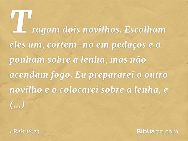 Tragam dois novilhos. Escolham eles um, cortem-no em pedaços e o ponham sobre a lenha, mas não acendam fogo. Eu prepararei o outro novilho e o colocarei sobre a