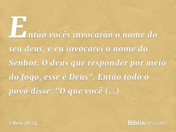 En­tão vocês invocarão o nome do seu deus, e eu invocarei o nome do Senhor. O deus que responder por meio do fogo, esse é Deus".
Então todo o povo disse: "O que