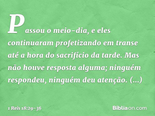 Passou o meio-dia, e eles continuaram profetizando em transe até a hora do sacrifício da tarde. Mas não houve resposta alguma; ninguém respondeu, ninguém deu at