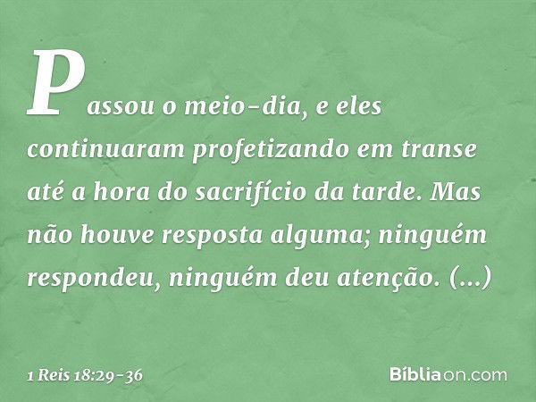 Passou o meio-dia, e eles continuaram profetizando em transe até a hora do sacrifício da tarde. Mas não houve resposta alguma; ninguém respondeu, ninguém deu at