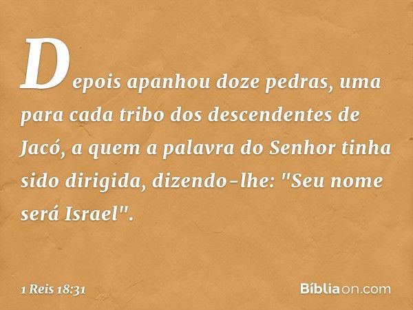 Depois apanhou doze pedras, uma para cada tribo dos descendentes de Jacó, a quem a palavra do Senhor tinha sido dirigida, dizendo-lhe: "Seu nome será Israel". -