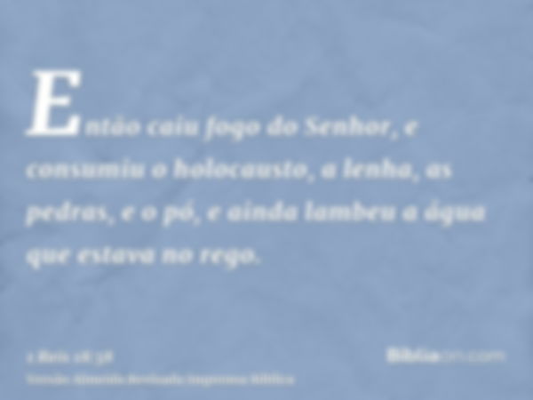 Então caiu fogo do Senhor, e consumiu o holocausto, a lenha, as pedras, e o pó, e ainda lambeu a água que estava no rego.