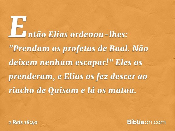 Então Elias ordenou-lhes: "Prendam os profetas de Baal. Não deixem nenhum escapar!" Eles os prenderam, e Elias os fez descer ao riacho de Quisom e lá os matou. 