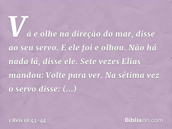 "Vá e olhe na direção do mar", disse ao seu servo. E ele foi e olhou.
"Não há nada lá", disse ele.
Sete vezes Elias mandou: "Volte para ver". Na sétima vez o se