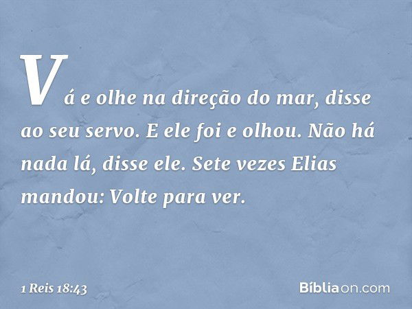 "Vá e olhe na direção do mar", disse ao seu servo. E ele foi e olhou.
"Não há nada lá", disse ele.
Sete vezes Elias mandou: "Volte para ver". -- 1 Reis 18:43