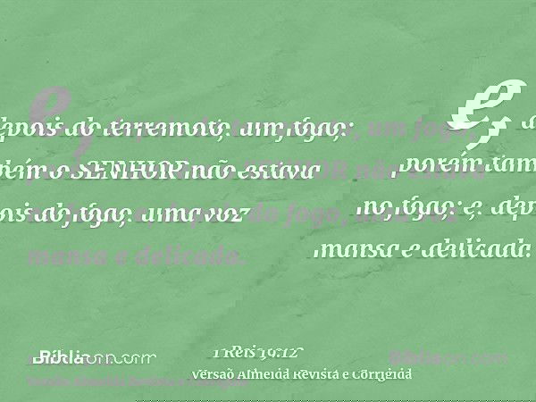 e, depois do terremoto, um fogo; porém também o SENHOR não estava no fogo; e, depois do fogo, uma voz mansa e delicada.