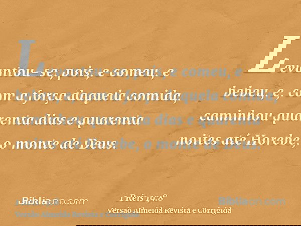 Levantou-se, pois, e comeu, e bebeu, e, com a força daquela comida, caminhou quarenta dias e quarenta noites até Horebe, o monte de Deus.
