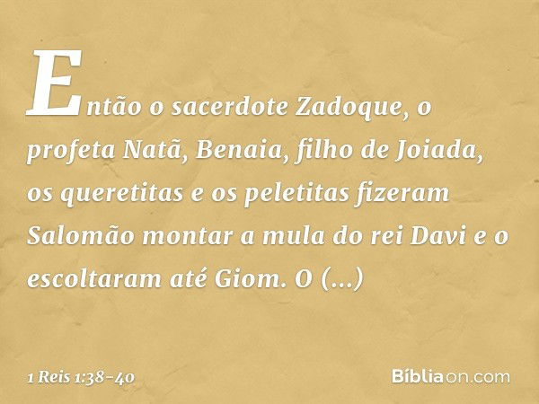 Então o sacerdote Zadoque, o profeta Natã, Benaia, filho de Joiada, os queretitas e os peletitas fizeram Salomão montar a mula do rei Davi e o escoltaram até Gi