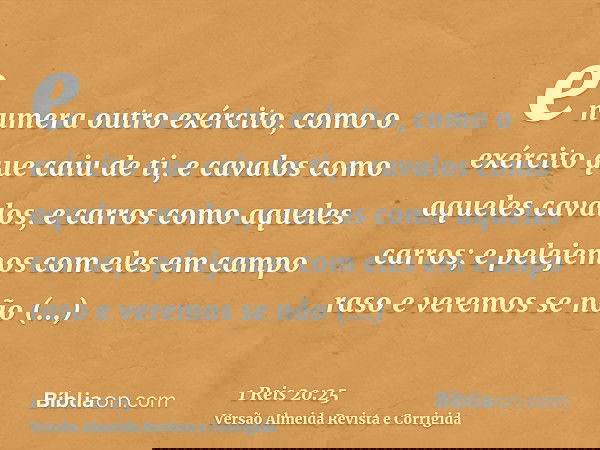 e numera outro exército, como o exército que caiu de ti, e cavalos como aqueles cavalos, e carros como aqueles carros; e pelejemos com eles em campo raso e vere